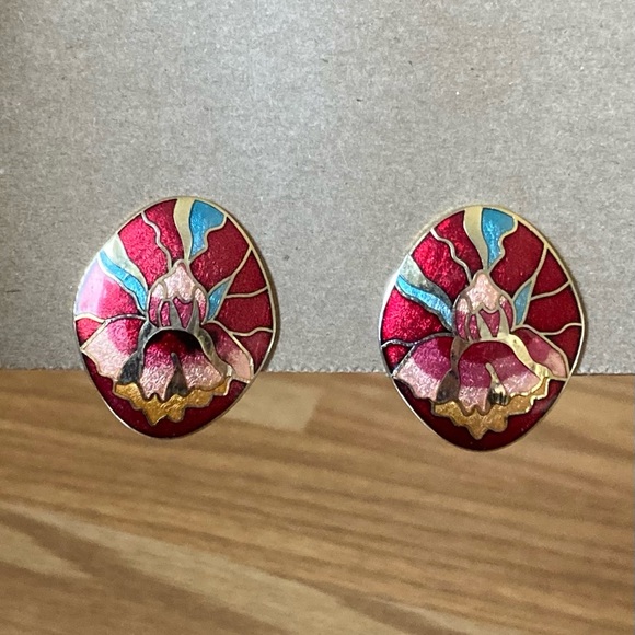 Vintage Cloisonne Oval Clip On Earrings Floral Flower Red -Pink -Green Gold Tone - Picture 7 of 7